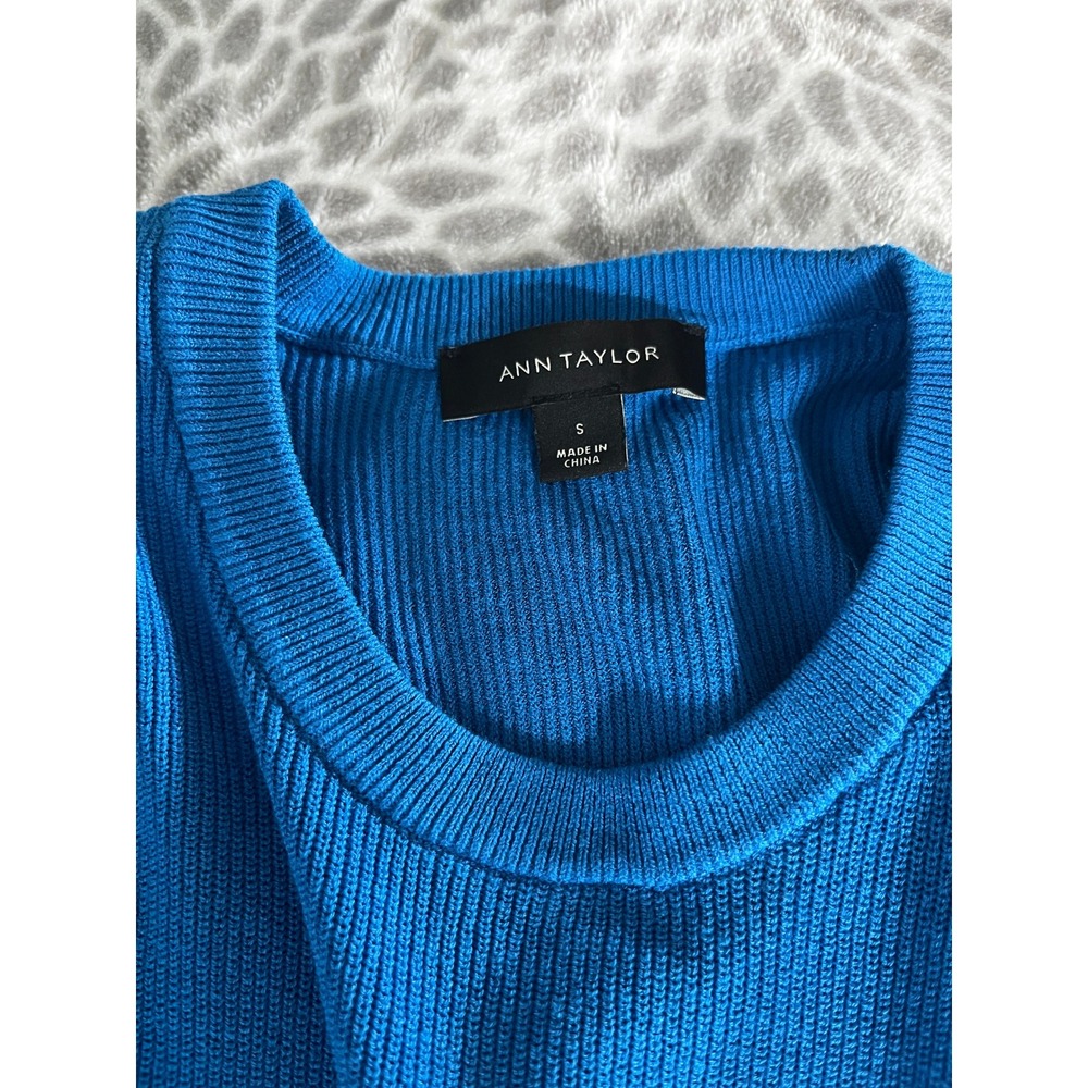 Cobalt Blue Puff Sleeve Sweater Small Crew Neck Minimalist Office Chic Preppy - Picture 2 of 7